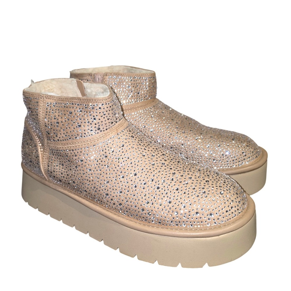 Wild Fable Beige Rhinestone Platform Ankle Boots Sherpa Lined Size 10 NWT